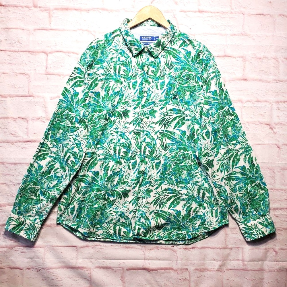 Nautica Blue Sail Shirt Mens 2XL Green Palm Leaf Stretch‎ Button Tropical Resort